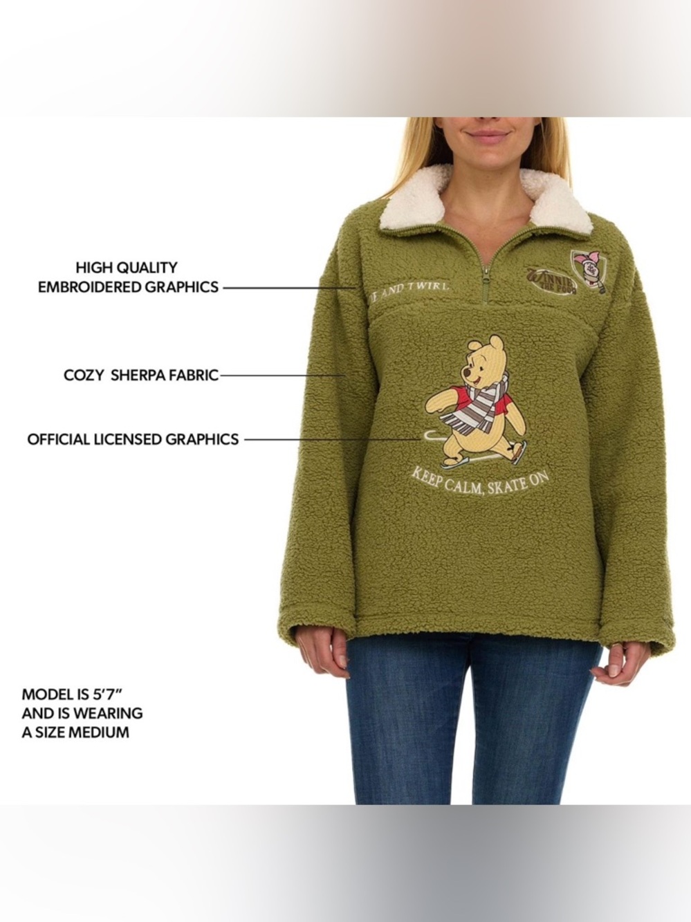 Winne the Pooh Lined Winter Quarter-Zip Sherpa Pullover in Green - Women's L